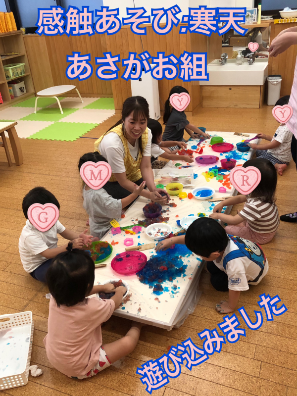 あさがお組（2歳児）：感触あそび『寒天』