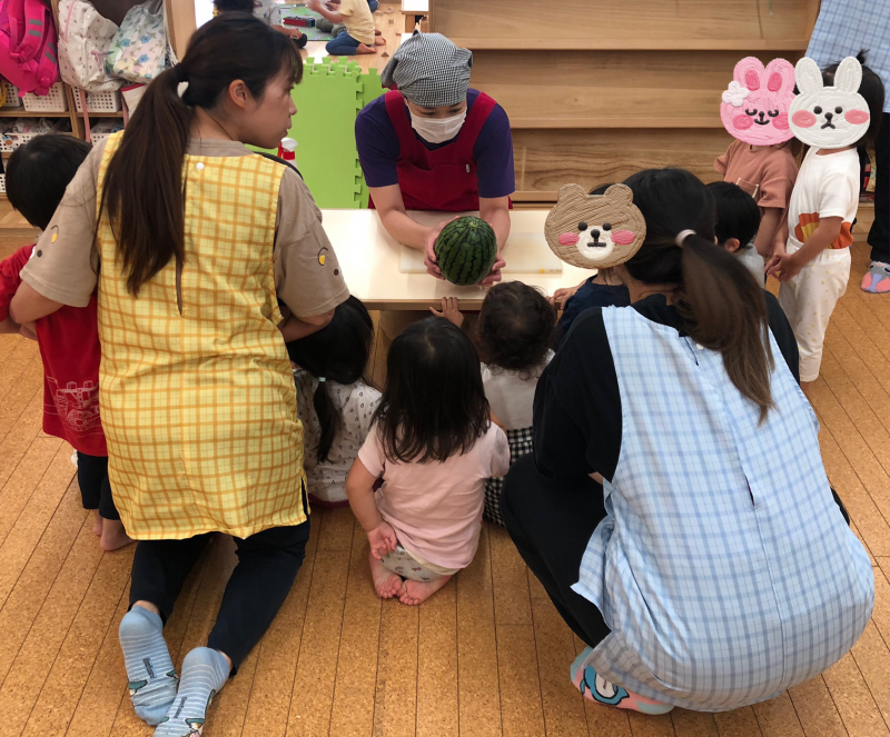 食育：あさがお組（2歳児）『スイカが食卓に並ぶまで』の実演